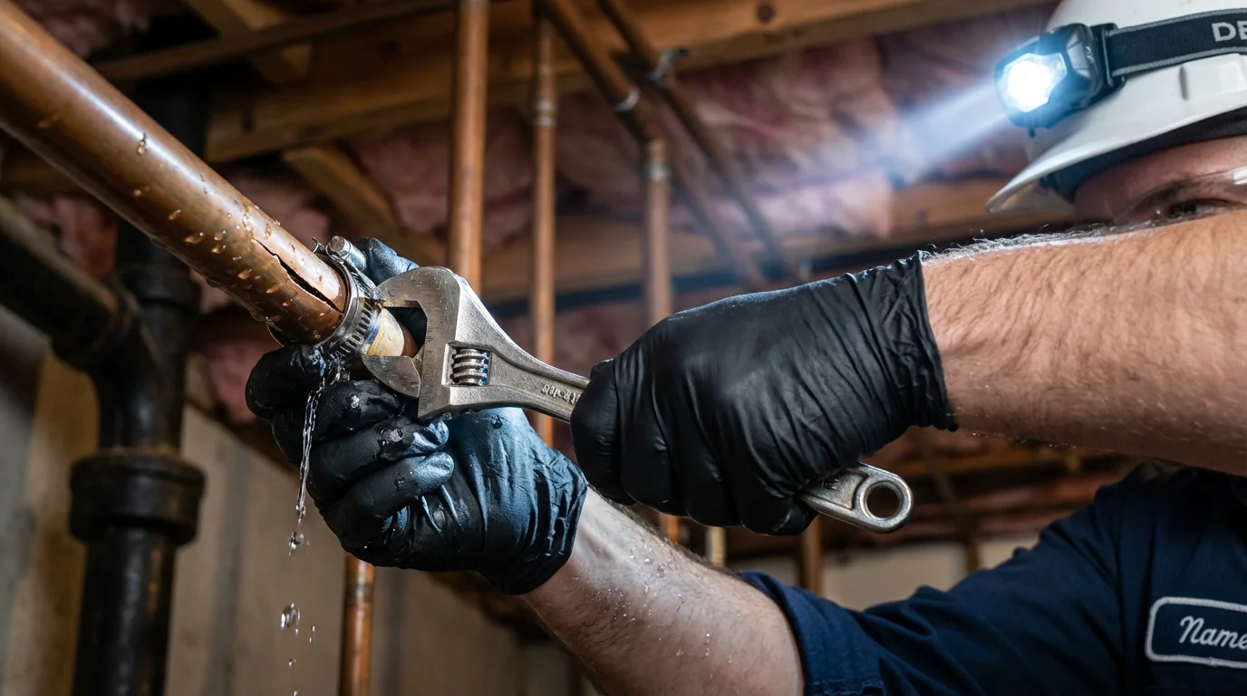 Emergency pipe clamp repair being performed by a Johns Plumbing LLC plumber in Caliente